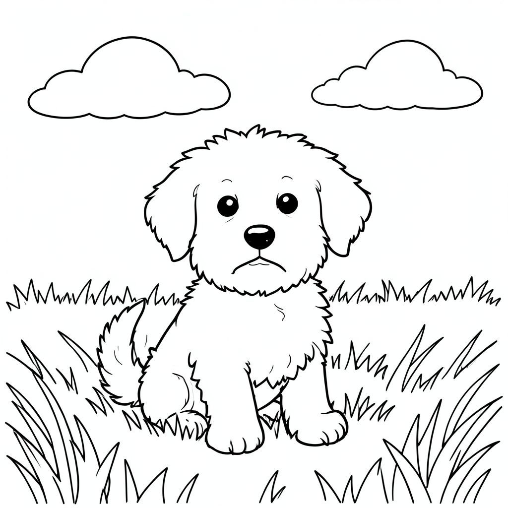 Một nhỏ, lông tơ ngồi trong cánh đồng ánh sáng mặt trời. Một đám mây mờ mịt, nhẹ nhàng trôi trên bầu trời. Đầu của ở giữa, đuôi của nó nhẹ nhàng cong xuống dưới. Nền là một bãi cỏ mềm mại, mờ nhạt. Bố cục cân bằng, với chiếm một phần đáng kể của ., trang màu, nghệ thuật đường nét, nền trắng