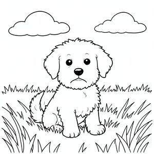 Một nhỏ, lông tơ ngồi trong cánh đồng ánh sáng mặt trời. Một đám mây mờ mịt, nhẹ nhàng trôi trên bầu trời. Đầu của ở giữa, đuôi của nó nhẹ nhàng cong xuống dưới. Nền là một bãi cỏ mềm mại, mờ nhạt. Bố cục cân bằng, với chiếm một phần đáng kể của ., trang màu, nghệ thuật đường nét, nền trắng