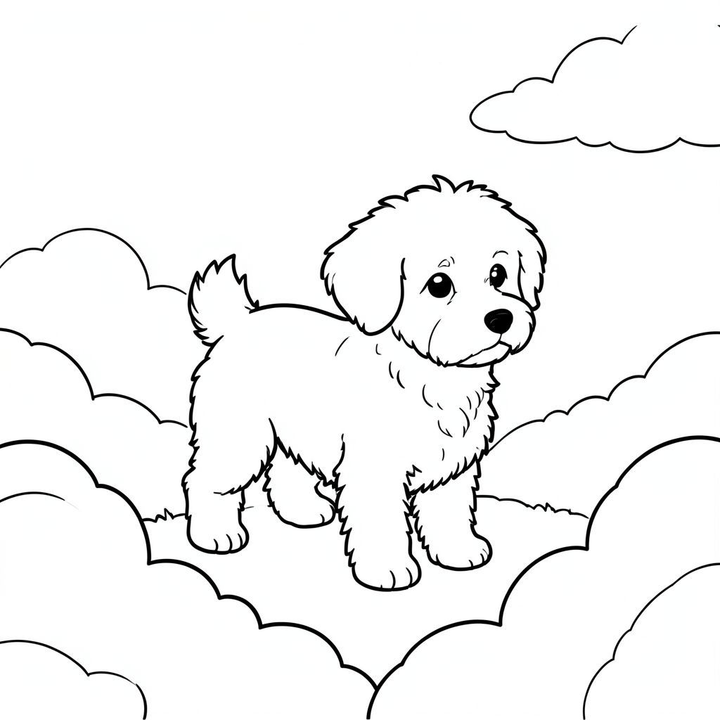 Một nhỏ, lông tơ đứng trên một cánh đồng mềm mại, những đám mây. ở giữa, hơi quay mặt sang phải. Nền là một bản rửa đơn giản, hơi mờ của ., trang màu, nghệ thuật đường nét, nền trắng