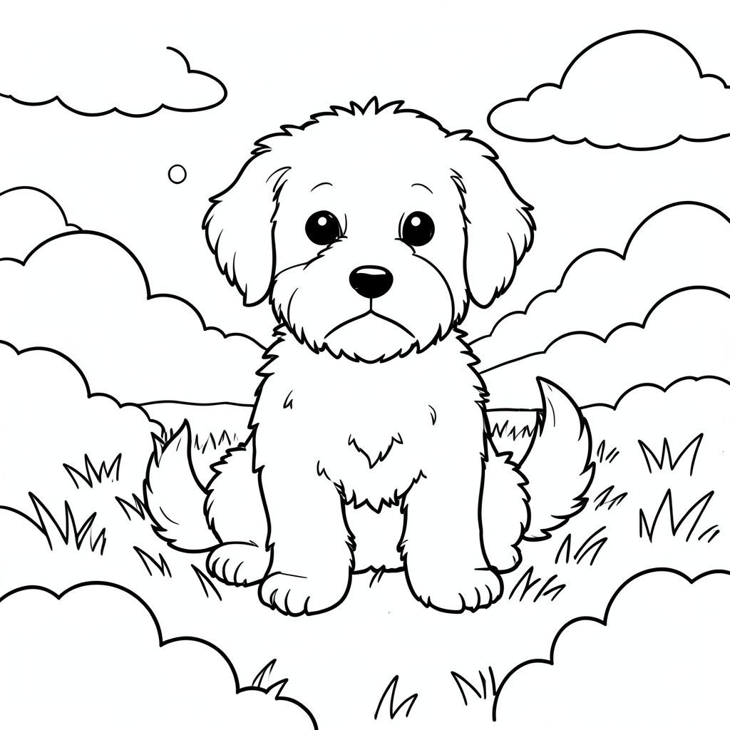 Một nhỏ, lông tơ ngồi trong một cánh đồng mềm mại, những đám mây. Ánh sáng mặt trời sưởi ấm cỏ. Đầu của ở giữa, đuôi của nó nhẹ nhàng cong xuống dưới. Nền là một trường đơn giản, hơi mờ của . Bố cục cân bằng, với chiếm một phần đáng kể của ., trang màu, nghệ thuật đường nét, nền trắng