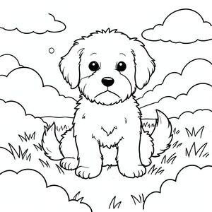 Một nhỏ, lông tơ ngồi trong một cánh đồng mềm mại, những đám mây. Ánh sáng mặt trời sưởi ấm cỏ. Đầu của ở giữa, đuôi của nó nhẹ nhàng cong xuống dưới. Nền là một trường đơn giản, hơi mờ của . Bố cục cân bằng, với chiếm một phần đáng kể của ., trang màu, nghệ thuật đường nét, nền trắng