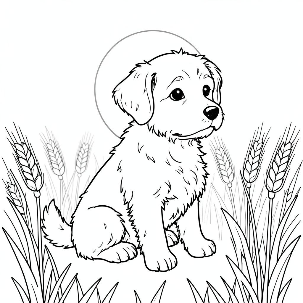 Một nhỏ, lông tơ đang ngồi trên cánh đồng lúa mì. Một mặt trời chiếu ngay phía sau nó, tỏa ra ánh sáng ấm áp. Những thân cây lúa mì hơi mờ ở phía xa, tạo ra một hậu cảnh nhẹ nhàng, mềm mại. hơi hướng về bên phải, đầu và đuôi hướng về phía trước. là một màu, có vẻ ngoài hơi ướt., trang màu, nghệ thuật đường nét, nền trắng