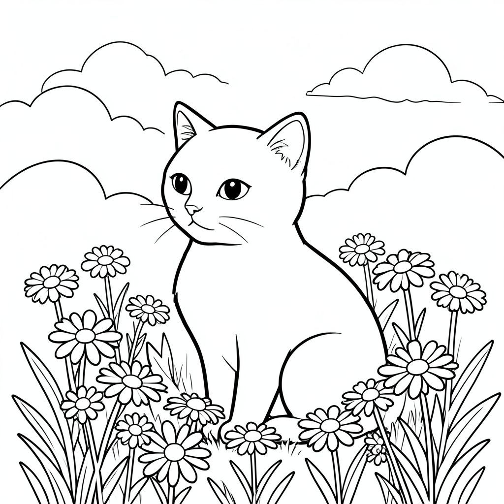 Một đồng cỏ đầy nắng. Một con mèo trắng duy nhất ngồi nép mình giữa một cụm hoa dại. Hậu cảnh là một đám mây mờ nhạt, mềm mại. Con mèo ở giữa, hơi hướng về bên trái. Những bông hoa dại có hình dạng tròn, đơn giản - một vài bông cúc và một cụm nhỏ . Bố cục cân bằng, với con mèo chiếm một phần đáng kể của khung hình., trang màu, nghệ thuật đường nét, nền trắng