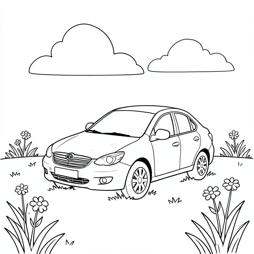 Đồng cỏ đầy nắng. Một chiếc xe màu trắng ngồi hơi nghiêng, phần đầu xe hơi hướng sang trái. Một đám mây mờ mịt, dịu dàng trôi dạt phía sau nó. Hậu cảnh là một bãi cỏ mềm mại với một vài bông hoa dại rải rác ở phía xa. Chiếc xe được căn giữa, được cân bằng bởi một đường cong tinh tế, hướng lên trên cỏ., trang màu, nghệ thuật đường nét, nền trắng