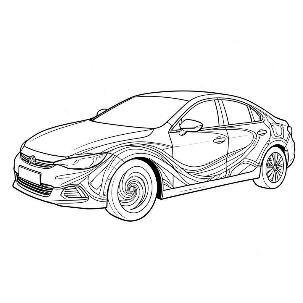 Một chiếc duy nhất, - sedan, được kết xuất tỉ mỉ. Hình dạng của nó được xác định rõ ràng, một hình bóng được sắp xếp hợp lý trên nền im lặng. Thân xe là một mô hình phức tạp, nhiều lớp của các đường đan xen, gợi ý một bề mặt nhẵn, gần như lỏng. Một xoáy xoáy duy nhất chiếm ưu thế ở phần dưới của phía trước xe, kéo dài ra ngoài thành một đường cong nhấp nhô, nhẹ nhàng. Phần đuôi xe cũng chi tiết không kém, với một loạt các đường phân đoạn, kết nối với nhau tạo ra một họa tiết hình học tinh tế, lặp đi lặp lại. Toàn bộ bố cục nhấn mạnh cảm giác yên tĩnh, chuyển động khép kín., trang màu, nghệ thuật đường nét, nền trắng