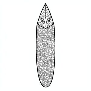 Hình dạng là một hình bóng thuôn dài duy nhất. Cơ thể là một , phong phú, có kết cấu tinh tế với hoa văn nhô lên, gần như hạt. Đầu là một hình tam giác, được xác định rõ ràng, đỉnh hướng lên trên. Khuôn mặt là một , gần như trong mờ , với một mô hình tinh tế, lặp đi lặp lại của các đường liên kết với nhau. Đôi mắt nhỏ, và được đặt đồng đều. Mũi là một đường mảnh, rõ ràng. Miệng là một vết lõm nhỏ, tinh tế. Đường viền hàm có góc cạnh tinh tế. Toàn bộ hình dạng thuôn dài, mỏng gần như không tưởng, tạo cảm giác cường độ yên tĩnh. Mô hình tiếp tục liền mạch, không có khoảng trống hoặc chồng chéo. Các đường nét dày và chính xác, tạo ra một cấu trúc hình học mạnh mẽ. Hình thức được căn giữa, với một đường cong hơi hướng lên., trang màu, nghệ thuật đường nét, nền trắng