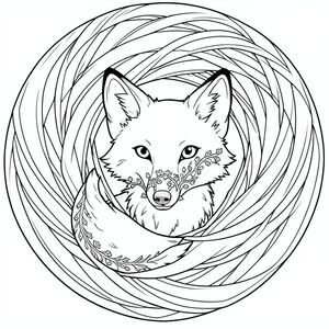 Một con cáo duy nhất, bộ lông, bộ lông của nó bị tắt tiếng, bị che khuất một phần bởi một mô hình xoáy chuyển động của các sợi đan xen vào nhau. Đầu của con cáo ở giữa, một con mắt nhỏ, thông minh quan sát người xem, nghiêng lên trên một cách tinh tế. Một mô hình mỏng manh, vòng lặp của sự phát triển giống như rêu xoắn ốc xung quanh mõm của nó, được ngắt quãng bởi các hình dạng hình học nhỏ, lặp đi lặp lại. Phần đuôi kéo dài duyên dáng, tạo thành một đường cong tinh tế, nhấp nhô, phản chiếu hoa văn của các sợi chỉ. Nền là một, xoáy xoáy của và, được ngắt quãng bởi một điểm phát sáng duy nhất ở trung tâm., trang màu, nghệ thuật đường nét, nền trắng