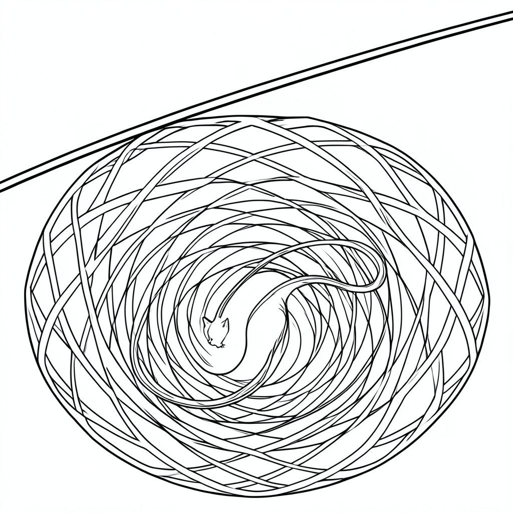 Khung là một , tắt tiếng, có kết cấu tinh tế như nhung già. Một đường obsidian duy nhất, được hình thành hoàn hảo, kéo dài trên đỉnh, hơi lệch lại, gợi ý về một độ sâu rộng lớn, không thể nhìn thấy. Bên dưới, một vòng xoáy bắt đầu, bắt chước một tinh vân thu nhỏ. Trong vòng xoáy này, một đường duy nhất, kéo dài, - xuất hiện, tạo thành cơ thể của con mèo. Đó là một hình thức rõ ràng, thanh lịch, gần như mỏng không tưởng, gợi ý một sinh vật thuần khiết . Đuôi là một đường cong tinh tế, phản chiếu đường cong của cơ thể và chồng lên nhau một cách tinh tế. Các đường nét được sắp xếp cách nhau tỉ mỉ, tạo cảm giác chuyển động liên tục và chi tiết vô hạn. Hình thức được chứa đựng trong một mô hình chặt chẽ, lặp đi lặp lại của các đường lồng vào nhau - một mạn đà la hình học thu nhỏ. Bản thân các đường là một, màu bạc-, dịch chuyển một cách tinh tế với một mờ nhạt, bên trong. Đầu mèo là một điểm đơn giản, kiên định, một đường viền rõ ràng xác định hình dạng của nó. Cơ thể là một mô hình liên tục, nhiều lớp của các đường mịn, đan xen. Nền là một sự rửa gần như vô hình của , tạo cảm giác bao bọc. Ấn tượng tổng thể là một trong những sự tĩnh lặng sâu sắc và sức mạnh yên tĩnh., trang màu, nghệ thuật đường nét, nền trắng