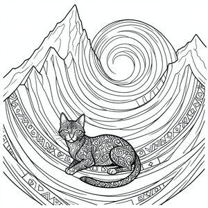 Khung là một, xoáy, kết cấu tinh tế để gợi ý nhung. Một dãy núi xoắn ốc khổng lồ thống trị hậu cảnh, được hiển thị bằng các sắc thái của và, với độ dốc tinh tế để bắt chước khoảng cách. Các đỉnh núi lởm chởm và cao không tưởng, gần như chạm vào bầu trời ngụ ý. 

Bên dưới, một con mèo hắc thạch duy nhất, được hình thành hoàn hảo, nằm nghỉ, hình dạng của nó là một zentangle thu nhỏ, chi tiết tinh xảo. Nó được đặt hơi lệch tâm, một sự thay đổi tinh tế trong tạo ra cảm giác tĩnh lặng được chứa đựng. Cơ thể của mèo thon dài và thanh lịch, cơ bắp của nó được xác định một cách tinh tế bởi đường nét phức tạp. Đầu của nó là một nêm hình tam giác sắc nhọn, kết thúc bằng một điểm cong tinh tế. Đuôi dài và thon, chảy với một đường cong nhẹ nhàng, hữu cơ, phản chiếu sườn núi. 

Hoa văn được xếp lớp, với các họa tiết lặp đi lặp lại của dây leo đan xen và các hình dạng hình học nhỏ - hình vuông, hình tam giác và hình tròn - tạo cảm giác có chiều sâu và phức tạp. Các đường nét dày và chính xác, gần như điêu khắc. Từng yếu tố được đặt tỉ mỉ, tạo cảm giác như một hình thức sống, thở. Hiệu ứng tổng thể là cảm giác yên tĩnh sâu sắc và năng động tinh tế. Một điểm duy nhất, hoàn hảo của , một chấm nhỏ, gần như không thể nhận thấy, được đặt ở gốc đuôi mèo, thu hút ánh nhìn. Nền tiếp tục xoáy, tăng cường một cách tinh tế về phía đường chân trời., trang màu, nghệ thuật đường nét, nền trắng