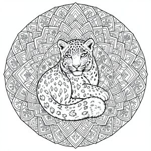 Một con báo tuyết được kết xuất tỉ mỉ nằm ở trung tâm của một mạn đà la xoáy, thôi miên. Trọng tâm trung tâm là một cái đầu duy nhất, được điêu khắc mạnh mẽ, đôi mắt xuyên thấu của nó nhìn ra bên ngoài với phẩm giá yên tĩnh. Hình dạng cơ bắp của cơ thể chảy liền mạch thành một cái đuôi dày, sang trọng, đầu với một búi trắng mờ nhạt, mỏng manh.  Toàn bộ bố cục được tiêu thụ bởi một hoa văn phong cách Zentangle dày đặc, phức tạp. Lớp này đến lớp khác của các hình dạng hình học chồng lên nhau - hình lục giác, kim cương, hình xoắn ốc và đường nét tinh tế - tạo ra một bề mặt có kết cấu có chiều sâu đáng kinh ngạc. Mỗi phần đều được chi tiết tỉ mỉ, với sự thay đổi về độ dày và mật độ dòng, gợi ý sự thay đổi tinh tế trong và . Các hoa văn tỏa ra ngoài từ con báo, tăng cường độ phức tạp khi chúng tiếp cận các cạnh của con báo, sau đó nhẹ nhàng hòa tan trở lại về phía nhân vật trung tâm. Trong các hoa văn, những bông tuyết nhỏ, cách điệu và các đỉnh núi thu nhỏ được tích hợp một cách tinh tế, làm tăng thêm cảm giác tổng thể của vùng hoang dã thanh bình. Nội thất màu trắng của mạn đà la hoàn toàn được lấp đầy bởi thiết kế đan xen phức tạp này - một minh chứng cho sự kiên nhẫn và chính xác. Đó là một nghiên cứu về sự hỗn loạn có kiểm soát, một thiền định trực quan về hình thức và kết cấu., trang màu, nghệ thuật đường nét, nền trắng