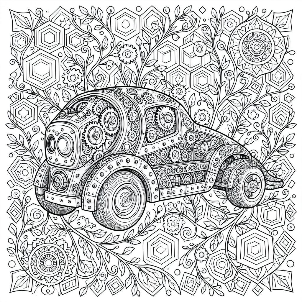 Một chiếc xe tự động đơn độc, tráng lệ thống trị thiết kế zentangle phức tạp này. Cốt lõi của tác phẩm là một đầu cơ khí duy nhất, được kết xuất tỉ mỉ, một tập hợp phức tạp của các bánh răng được đánh bóng, ống lấp lánh và các tấm thép tán đinh. Các hoa văn chạm khắc phức tạp, gợi nhớ đến đồng hồ thời Victoria, xếp tầng trên bề mặt của nó, phân nhánh thành một mạng lưới chóng mặt gồm các vòng tròn, hình vuông lồng vào nhau và các đường xoắn ốc tinh tế.  Thân xe là một bản giao hưởng của kỹ thuật chính xác. Các tấm thép dày tạo thành khung gầm, được phủ một tấm thảm dày đặc gồm các hoa văn nhỏ hơn, lặp đi lặp lại - bánh răng nhỏ, pít-tông thu nhỏ và đinh tán cách điệu. Một vòng xoáy của các đường khắc tạo cảm giác chuyển động, gợi ý hoạt động bên trong của động cơ.  Phần đuôi, chi tiết không kém, phản ánh sự phức tạp của đầu. Đó là một loạt các phân đoạn khớp nối, mỗi phân đoạn được bao phủ bởi một kết cấu zentangle dày đặc. Bánh răng, bánh xe nhỏ và cổng xả cách điệu được đặt tỉ mỉ, tạo cảm giác chuyển động năng động, như thể chiếc xe đang chuyển động liên tục.  Nền bùng nổ với sự sắp xếp hỗn loạn nhưng có trật tự của các mẫu hình học lặp đi lặp lại - hình lục giác, hình bát giác và hình thoi - đan xen với những dây leo mỏng manh, phân nhánh và những chiếc lá cách điệu, máy móc. Sự phân lớp phức tạp này tạo ra một kết cấu phong phú, phức tạp đòi hỏi sự quan sát chặt chẽ.  Hiệu ứng tổng thể là một màn trình diễn ngoạn mục của nghệ thuật cơ học, một minh chứng cho vẻ đẹp của chi tiết phức tạp và sức mạnh của quá trình thiền định của zentangle. Cho phép trí tưởng tượng của bạn khám phá vô số hoa văn và kết cấu - một thế giới của bánh răng, bánh răng và đường nét được chế tác tinh xảo, tất cả đều chứa đựng trong hình dạng độc đáo của chiếc xe phi thường này. Đó là một thế giới của độ chính xác, chuyển động và sự phức tạp về hình ảnh quyến rũ., trang màu, nghệ thuật đường nét, nền trắng