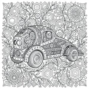 Một chiếc xe tự động đơn độc, tráng lệ thống trị thiết kế zentangle phức tạp này. Cốt lõi của tác phẩm là một đầu cơ khí duy nhất, được kết xuất tỉ mỉ, một tập hợp phức tạp của các bánh răng được đánh bóng, ống lấp lánh và các tấm thép tán đinh. Các hoa văn chạm khắc phức tạp, gợi nhớ đến đồng hồ thời Victoria, xếp tầng trên bề mặt của nó, phân nhánh thành một mạng lưới chóng mặt gồm các vòng tròn, hình vuông lồng vào nhau và các đường xoắn ốc tinh tế.  Thân xe là một bản giao hưởng của kỹ thuật chính xác. Các tấm thép dày tạo thành khung gầm, được phủ một tấm thảm dày đặc gồm các hoa văn nhỏ hơn, lặp đi lặp lại - bánh răng nhỏ, pít-tông thu nhỏ và đinh tán cách điệu. Một vòng xoáy của các đường khắc tạo cảm giác chuyển động, gợi ý hoạt động bên trong của động cơ.  Phần đuôi, chi tiết không kém, phản ánh sự phức tạp của đầu. Đó là một loạt các phân đoạn khớp nối, mỗi phân đoạn được bao phủ bởi một kết cấu zentangle dày đặc. Bánh răng, bánh xe nhỏ và cổng xả cách điệu được đặt tỉ mỉ, tạo cảm giác chuyển động năng động, như thể chiếc xe đang chuyển động liên tục.  Nền bùng nổ với sự sắp xếp hỗn loạn nhưng có trật tự của các mẫu hình học lặp đi lặp lại - hình lục giác, hình bát giác và hình thoi - đan xen với những dây leo mỏng manh, phân nhánh và những chiếc lá cách điệu, máy móc. Sự phân lớp phức tạp này tạo ra một kết cấu phong phú, phức tạp đòi hỏi sự quan sát chặt chẽ.  Hiệu ứng tổng thể là một màn trình diễn ngoạn mục của nghệ thuật cơ học, một minh chứng cho vẻ đẹp của chi tiết phức tạp và sức mạnh của quá trình thiền định của zentangle. Cho phép trí tưởng tượng của bạn khám phá vô số hoa văn và kết cấu - một thế giới của bánh răng, bánh răng và đường nét được chế tác tinh xảo, tất cả đều chứa đựng trong hình dạng độc đáo của chiếc xe phi thường này. Đó là một thế giới của độ chính xác, chuyển động và sự phức tạp về hình ảnh quyến rũ., trang màu, nghệ thuật đường nét, nền trắng