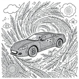 Một vòng xoáy xoáy với các chi tiết tỉ mỉ bắt đầu xuất hiện, một chiếc xe duy nhất, hùng vĩ được điêu khắc hoàn toàn từ các hoa văn Zentangle phức tạp. Các đường nét ban đầu, một khuôn khổ tự tin, gần như xương, thiết lập hình thức cơ bản - một chiếc xe bóng bẩy, thấp gợi ý về tốc độ và sức mạnh. Ngay lập tức, bề mặt bùng nổ với sự phức tạp. 

Các hình xoắn ốc dày đặc, chồng lên nhau, lặp lại các đường cong logarit của cơ thể, chiếm ưu thế ở dạng trung tâm. Chúng được đan xen với các hoa văn hình học tinh tế, lặp đi lặp lại: hình lục giác chính xác, kim cương tessellating và các họa tiết paisley chảy, gần giống như chất lỏng. Phần đầu, một hình dạng tinh tế đáng kể, được thể hiện trong một mạng lưới chặt chẽ các mẫu hình giọt nước chồng lên nhau, mỗi mẫu khác nhau một cách tinh tế về kích thước và mật độ. Các 'cửa sổ' nhỏ, cách điệu được hình thành bởi các hiệu ứng tỏa sáng dạng sao lặp đi lặp lại cách nhau gần nhau, tạo ra ảo giác về chiều sâu và phản chiếu. 

Đuôi, phức tạp không kém, bắt chước cấu trúc của đầu nhưng có chất lượng ngoằn ngoèo kéo dài hơn. Nó được xây dựng từ sự sắp xếp hỗn loạn nhưng có kiểm soát của các vòng tròn và phân đoạn lồng vào nhau, được ngắt quãng bởi các 'bánh xe' nhỏ hơn, cách điệu - chúng được bao phủ bởi một mô hình thu nhỏ, lặp đi lặp lại của những chiếc lá nhỏ, đối xứng. 

Nền không phải là một khoảng trống đơn giản. Đó là một tấm thảm dày đặc, nhiều lớp gồm các hoa văn hữu cơ và hình học. Các tua mỏng manh, giống như dương xỉ phân nhánh ra khỏi thân xe, đan xen với các mảnh góc cạnh, được xác định rõ ràng. Những đám mây nhỏ, cách điệu - mỗi đám mây được chi tiết tỉ mỉ với các vòng tròn đồng tâm và các đường tỏa sáng - lơ lửng trong không gian, tạo thêm cảm giác chuyển động thanh tao. Lặp đi lặp lại, gần như phân đoạn, các hoa văn của lông vũ và vảy nhỏ, cách điệu bao phủ toàn bộ bề mặt, tạo ấn tượng về kết cấu. 

Hiệu ứng tổng thể là một trong những sự phức tạp áp đảo, một sự tôn vinh đường nét và hình thức. Mật độ của các hoa văn tạo ra cảm giác chiều sâu và chuyển động, như thể chiếc xe bị cuốn vào một dòng chảy vĩnh viễn, đẹp đẽ và hoàn toàn khép kín. Không gian âm, được tạo ra một cách tỉ mỉ bởi mật độ của các mẫu, cũng quan trọng như bản thân các đường thẳng, góp phần vào sự hài hòa và cân bằng tổng thể. Đó là một thế giới của năng lượng chứa đựng, một bản giao hưởng im lặng, xoáy của các đường nét., trang màu, nghệ thuật đường nét, nền trắng