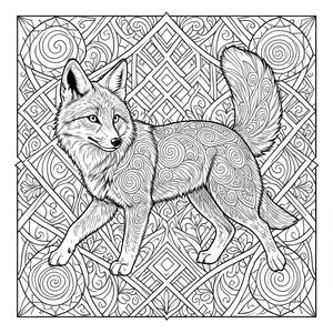 Một con cáo Bắc Cực hùng vĩ, đứng giữa sải bước, chỉ huy toàn bộ trong một khuôn khổ phức tạp của các mẫu zentangle lồng vào nhau. Hình dạng của con cáo được thể hiện bằng những đường nét mịn, liên tục, bộ lông của nó là một vòng xoáy xoáy của những hình xoắn ốc chật hẹp và các họa tiết lặp đi lặp lại. Từng sợi lông, từ mũi đến đầu đuôi, được chi tiết tỉ mỉ với sự thay đổi về độ dày và mật độ dòng, tạo nên một kết cấu quyến rũ. Đôi mắt của cáo được xác định bởi các vòng tròn đồng tâm và các đường nét mỏng manh, tỏa sáng. 

Nền là một tấm thảm dày đặc của các hình dạng hình học và hữu cơ - hình tam giác lồng vào nhau, hình thoi và các yếu tố hoa cách điệu - tất cả đều được thực hiện trong cùng một đường nét chính xác. Những hoa văn này chảy liền mạch vào và xung quanh hình dạng của cáo, làm mờ ranh giới giữa đối tượng và bối cảnh. Hiệu ứng tổng thể là một bố cục đối xứng, mê hoặc, tôn vinh các chi tiết phức tạp và thiết kế hài hòa. Đầu duy nhất của cáo được xác định rõ ràng, tư thế duyên dáng và tỉnh táo. Đuôi đơn của nó uốn cong thanh lịch, phản chiếu các hoa văn xoáy của bộ lông và nền xung quanh. Toàn bộ hình ảnh là một câu đố đường nét phức tạp và đẹp mắt, được thiết kế để tô màu thiền định và khám phá nghệ thuật., tô màu, nghệ thuật đường nét, nền trắng