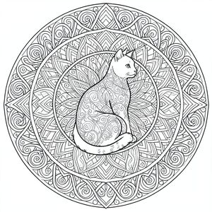 Một mạn đà la đầy mê hoặc mở ra, thiết kế đối xứng của nó tỏa ra ngoài từ hình dạng mèo trung tâm. Con mèo, được miêu tả trong một tư thế đĩnh đạc và thanh lịch, chiếm trung tâm của bố cục. Đầu duy nhất của nó, hơi quay sang một bên, sở hữu một biểu cảm thanh thản và cảnh giác. Một cái đuôi cong duyên dáng hoàn thiện hình dạng của con vật, lặp lại hình tròn của mạn đà la. 

Nội thất của chú mèo là một bức tranh hoa văn trắng tinh tế, mê cung của các đường nét và hình dạng đan xen tạo cảm giác nhẹ nhàng thanh tao. Những chi tiết bên trong này tương phản đẹp mắt với nền phức tạp, dày đặc hoa văn bao quanh nó. 

Bản thân nền là một tấm thảm phức tạp của các họa tiết lấy cảm hứng từ zentangle: các hình xoắn ốc lặp đi lặp lại, các nút thắt lồng vào nhau và sự sắp xếp hình học đan xen với nhau trong một điệu nhảy hài hòa. Mỗi yếu tố được hiển thị tỉ mỉ, góp phần tạo cảm giác cân bằng tổng thể và phong phú về hình ảnh. Các mẫu mở rộng đến tận các cạnh của , đảm bảo trải nghiệm đầy đủ và đắm chìm. Đây là một lễ kỷ niệm sự duyên dáng của mèo và nghệ thuật đối xứng, được thiết kế để tô màu chiêm ngưỡng và đánh giá chi tiết., trang màu, nghệ thuật đường nét, nền trắng