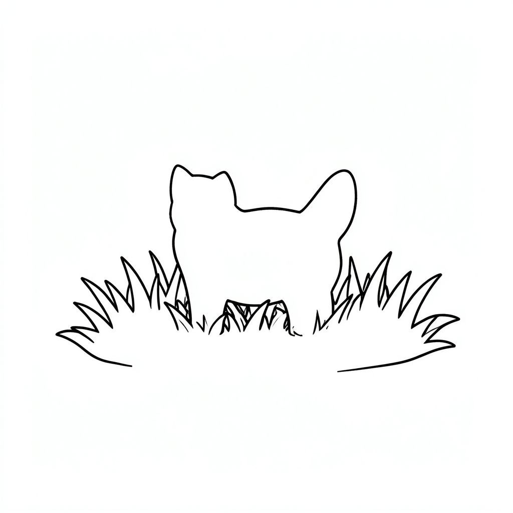 Một mảng cỏ nhỏ, đầy nắng. Một hình bóng duy nhất của một con mèo được đặt ở giữa. Cỏ hơi mờ., trang màu, nghệ thuật đường nét, nền trắng