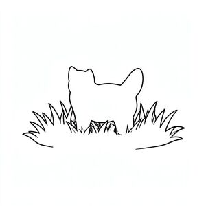 Một mảng cỏ nhỏ, đầy nắng. Một hình bóng duy nhất của một con mèo được đặt ở giữa. Cỏ hơi mờ., trang màu, nghệ thuật đường nét, nền trắng