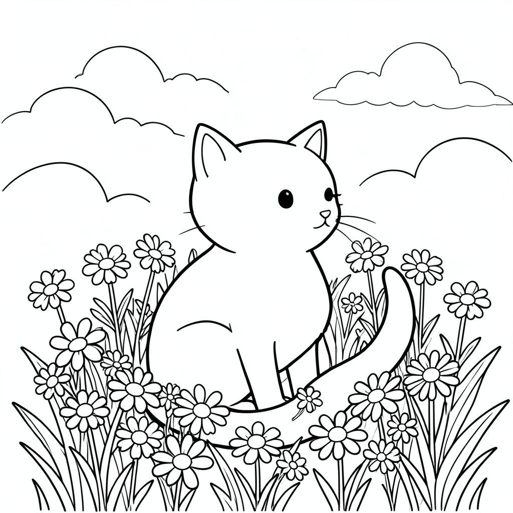 Một đồng cỏ nhỏ, đầy nắng. Một con mèo trắng duy nhất ngồi nép mình giữa một cụm hoa dại. Những bông hoa dại là một, vui vẻ và . Đuôi mèo hơi cong sang một bên, hơi hướng sang phải. Hậu cảnh là một đám mây mờ nhạt, mềm mại. Bố cục cân bằng, với con mèo hơi lệch tâm., trang màu, nghệ thuật đường nét, nền trắng