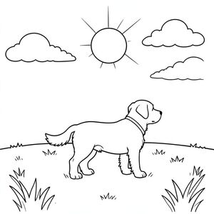 Một cánh đồng cỏ nhỏ. Một lần duy nhất, mặt trời chiếu trực tiếp xuống. Một vài đám mây trắng mịn lười biếng trôi dạt trên bầu trời. đang đứng ở giữa cánh đồng, đối mặt với mặt trời. Cơ thể của nó hơi nghiêng về phía trước, với đuôi nhẹ nhàng cuộn tròn. Cỏ là một cái tắt ., trang màu, nghệ thuật đường nét, nền trắng