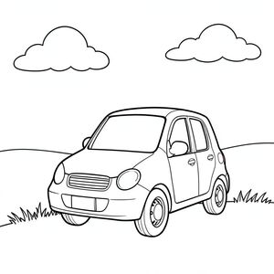 Một chiếc xe nhỏ, hình chữ nhật nằm trên bờ cỏ. Một bầu trời duy nhất có thể nhìn thấy ở hậu cảnh, hơi mờ. Mặt trời dịu dàng, ấm áp chiếu sáng phía trước xe. Một vài đám mây trắng mịn lười biếng trôi trên bầu trời. Xe được căn giữa, với một góc hơi hướng lên. Các đường nét rõ ràng và chính xác. Thân xe có hình dáng đơn giản, hơi tròn, tô màu, line art, nền trắng