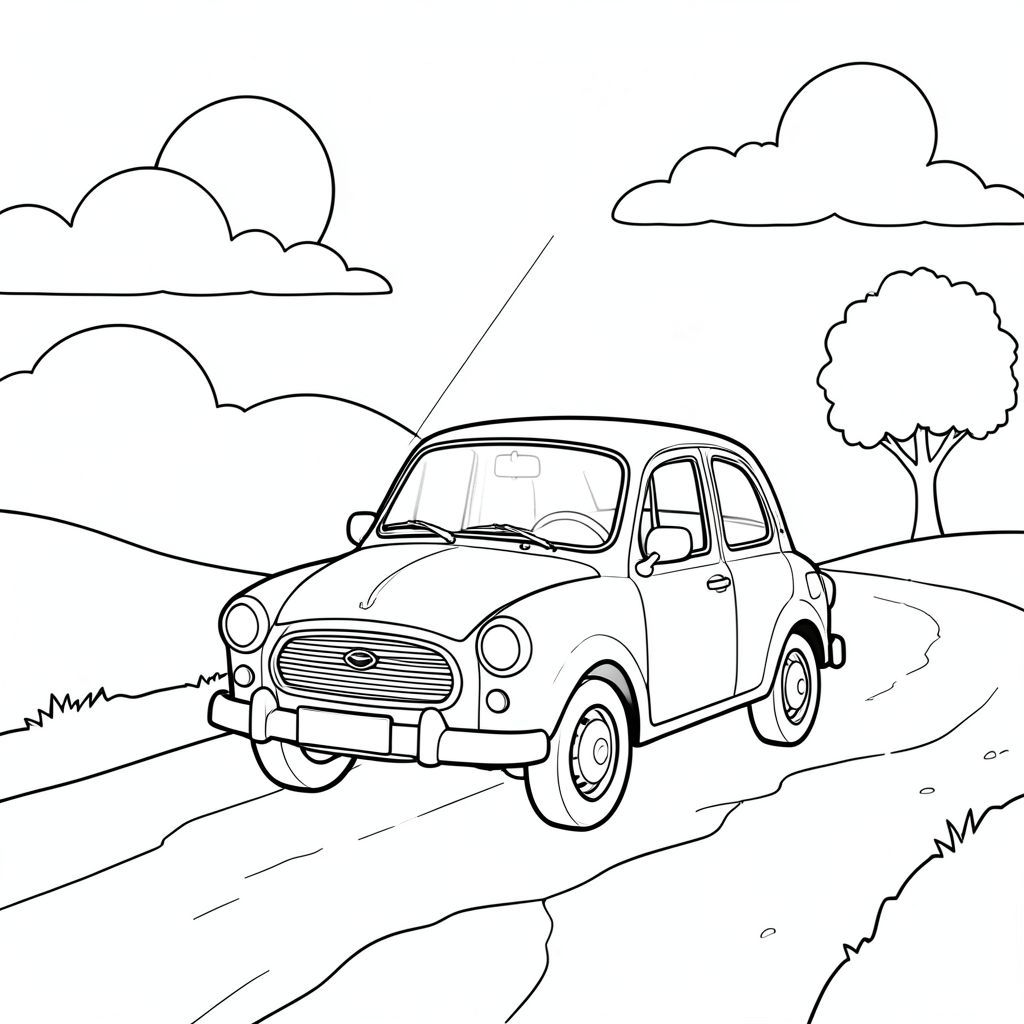 Một chiếc xe nhỏ, bị phong hóa nằm trên một con đường bụi bặm. Một tia nắng duy nhất chiếu trực tiếp vào mặt trước của nó. Những đám mây lười biếng trôi dạt trong nền, tạo thành một hình dạng uốn lượn, nhẹ nhàng. Thân xe hơi nghiêng một chút, gợi ý chuyển động. Đường nhẵn và hơi nứt. Một đường đơn giản, hơi mờ của một cái cây, có thể nhìn thấy ở phía xa. Bố cục cân bằng, với chiếc xe ở giữa., trang màu, nghệ thuật đường nét, nền trắng