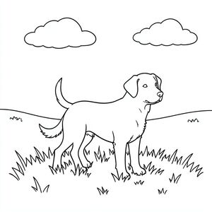 Ánh sáng mặt trời sưởi ấm một mảng cỏ. Một trắng duy nhất đứng ở trung tâm. Đầu của hơi nghiêng, nhìn về phía chân trời. Một đám mây nhỏ, mờ mờ trôi dạt phía trên. Đuôi chó hơi cong lại. Nền là một trường đơn giản, hơi mờ của ., trang màu, nghệ thuật đường nét, nền trắng