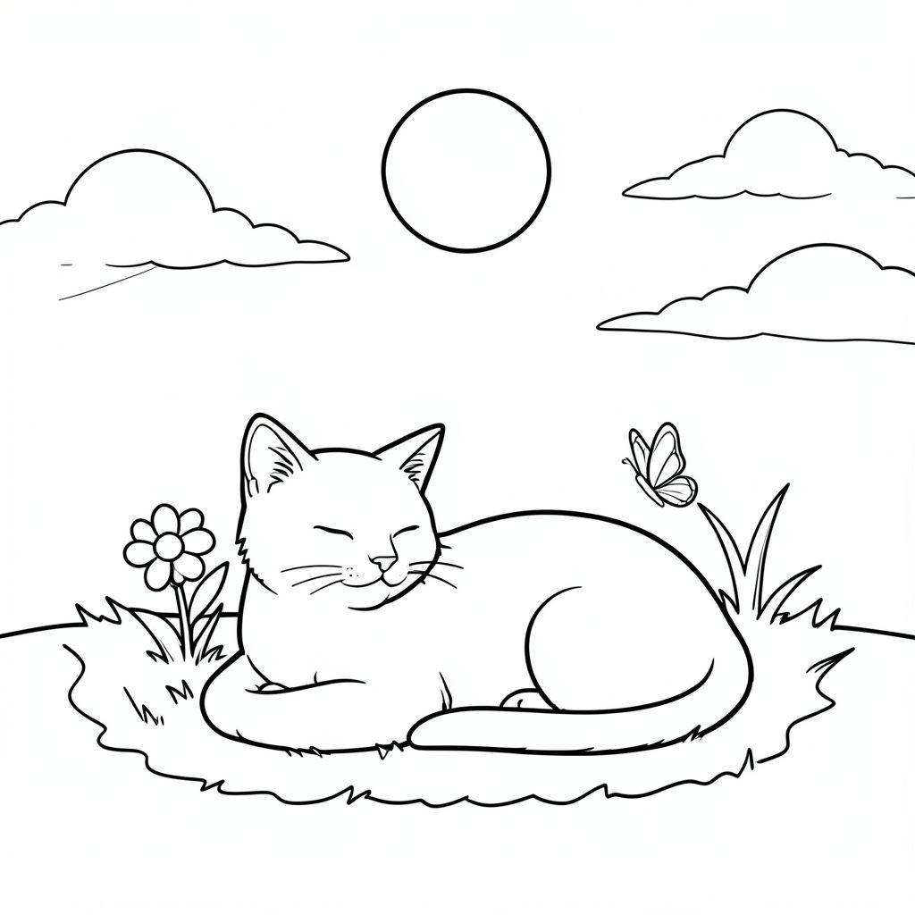 Một con mèo nằm thoải mái trên một bãi cỏ mềm mại trong một khung cảnh khu vườn đơn giản. Một mặt trời duy nhất nằm cao trên bầu trời, tỏa ra một ánh sáng dịu dàng. Những đám mây mờ ảo trôi trên bầu trời. Một bông hoa duy nhất với những đường nét đơn giản, sạch sẽ mọc gần đầu mèo. Một con bướm nhỏ bé với đôi cánh đơn giản nằm trên một ngọn cỏ gần đó. Bố cục cân bằng, với con mèo chiếm trung tâm của khung hình. Các yếu tố hậu cảnh là tối thiểu và không làm mất tập trung vào đối tượng. Các đường xác định con mèo và các yếu tố nền rõ ràng và rõ ràng. Không xuất hiện ở bất cứ đâu trong cảnh., trang màu, nghệ thuật đường nét, nền trắng