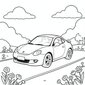 Một chiếc xe bóng bẩy ngồi yên bình trên con đường đầy nắng, những khúc cua mượt mà của nó bắt kịp . Chiếc xe có đầu tròn duy nhất với nội thất màu trắng có thể nhìn thấy qua kính chắn gió và phần đuôi duyên dáng thuôn nhọn. Những đám mây mềm mại lười biếng trôi qua bầu trời quang đãng phía trên, đổ bóng nhẹ nhàng lên bề mặt xe. Cảnh được đóng khung bởi các yếu tố hình học đơn giản: một vài bông hoa rải rác dọc theo ven đường và một hàng cây ở xa tạo ra một bố cục cân bằng. Các đường nét gọn gàng của chiếc xe được nhấn mạnh trên nền đơn giản, không có hoặc bổ sung các chi tiết. Toàn bộ hình minh họa duy trì một bầu không khí vui vẻ, lành mạnh không có hoặc các yếu tố đáng lo ngại. Hình dáng của chiếc xe được xác định rõ ràng thông qua cấu trúc đầu, thân và đuôi đơn, được định vị đối xứng trong bố cục. Khung cảnh khu vườn yên bình bao quanh xe, với ánh nắng dịu nhẹ tạo nên tâm trạng ấm áp, hấp dẫn. Khung cảnh hoàn toàn không có bất kỳ yếu tố tiêu cực nào, giữ được tính thẩm mỹ thuần khiết, ngây thơ của một hình minh họa truyện truyền thống., trang màu, nghệ thuật đường nét, nền trắng