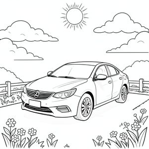 Một chiếc sedan bóng bẩy ngồi yên bình trên đường lái xe đầy nắng, những đường cong mượt mà của nó bắt kịp sự nhẹ nhàng. Đèn pha của chiếc xe lấp lánh nhẹ nhàng trên bầu trời, trong khi đèn hậu của nó nằm yên tĩnh ở phía sau. Phía trên, những đám mây trắng mịn lười biếng trôi dạt trên bầu trời, tạo ra những bóng nhẹ nhàng nhảy múa trên bề mặt xe. Khung cảnh được đóng khung bởi một đường viền vườn đơn giản của cỏ và các trụ hàng rào màu trắng, tạo ra một bố cục cân bằng thu hút ánh nhìn vào hình dáng thanh lịch của chiếc xe. Mặt trời chiếu trực tiếp trên đầu, chiếu sáng bề mặt bóng bẩy của chiếc xe mà không có bóng râm, trong khi môi trường xung quanh vẫn vui vẻ. Một vài bông hoa rải rác rải rác trên cỏ, thêm màu sắc nhẹ nhàng cho cảnh quan tối giản, sạch sẽ. Toàn bộ khung cảnh duy trì sự cân bằng hoàn hảo với chiếc xe được đặt ở trung tâm, được bao quanh bởi các yếu tố yên bình làm tôn lên vẻ đẹp đơn giản của nó., trang màu, nghệ thuật đường nét, nền trắng