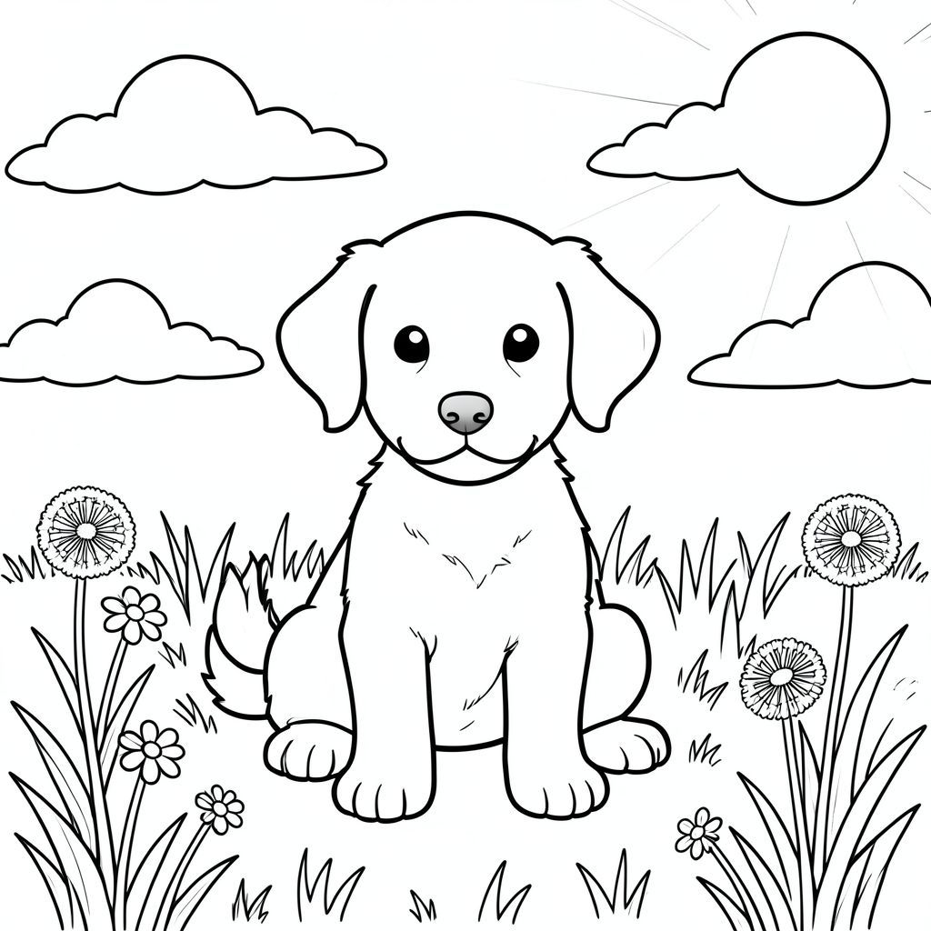 Một chú chó săn nhỏ ngồi vui vẻ trên đồng cỏ đầy nắng được bao quanh bởi những đám mây trắng mềm mại trôi nổi trên đầu. có một cái đầu tròn với đôi tai mềm, khuôn mặt hiền lành và cái đuôi vẫy vẫy. Một mặt trời chiếu xuống từ góc trên bên phải tạo ra những bóng mờ nhạt. Bố cục được cân bằng với chú chó ở trung tâm cảnh, được bao quanh bởi cỏ nhẹ nhàng và một vài bông hoa dại. Cơ thể của chú chó con được phác thảo bằng những đường nét gọn gàng, không có bóng mờ hay màu sắc, tạo nên một phong cách minh họa truyện đơn giản. Nền có bầu trời quang đãng với những đám mây rải rác và một vài bông bồ công anh mọc xung quanh bàn chân của. Toàn bộ khung cảnh duy trì bầu không khí vui vẻ, yên bình không có hoặc bổ sung các yếu tố., tô màu, nghệ thuật đường nét, nền trắng