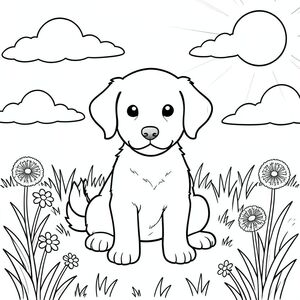 Một chú chó săn nhỏ ngồi vui vẻ trên đồng cỏ đầy nắng được bao quanh bởi những đám mây trắng mềm mại trôi nổi trên đầu. có một cái đầu tròn với đôi tai mềm, khuôn mặt hiền lành và cái đuôi vẫy vẫy. Một mặt trời chiếu xuống từ góc trên bên phải tạo ra những bóng mờ nhạt. Bố cục được cân bằng với chú chó ở trung tâm cảnh, được bao quanh bởi cỏ nhẹ nhàng và một vài bông hoa dại. Cơ thể của chú chó con được phác thảo bằng những đường nét gọn gàng, không có bóng mờ hay màu sắc, tạo nên một phong cách minh họa truyện đơn giản. Nền có bầu trời quang đãng với những đám mây rải rác và một vài bông bồ công anh mọc xung quanh bàn chân của. Toàn bộ khung cảnh duy trì bầu không khí vui vẻ, yên bình không có hoặc bổ sung các yếu tố., tô màu, nghệ thuật đường nét, nền trắng