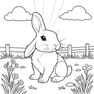 Một con thỏ hiền lành ngồi bình tĩnh trên đồng cỏ đầy nắng. Con thỏ có một đầu với đôi tai mềm dài, một thân và một đuôi. Những đám mây mềm mại lơ lửng trên bầu trời quang đãng. Cảnh được cân bằng với con thỏ được đặt hơi lệch tâm, được bao quanh bởi cỏ đơn giản và hoa dại. Tia nắng mặt trời chiếu xuống từ trên cao, tạo ra những bóng dịu dàng xung quanh hình dạng của con thỏ. Bố cục bao gồm một hàng rào gỗ đơn giản ở hậu cảnh và một vài viên đá nhỏ nằm rải rác gần đó. Các đường nét gọn gàng xác định kết cấu bộ lông mềm mại của thỏ, không có bóng râm hoặc màu sắc. Toàn bộ khung cảnh duy trì chất lượng truyện yên bình, không có yếu tố đáng sợ hay bạo lực., tô màu, nghệ thuật đường nét, nền trắng