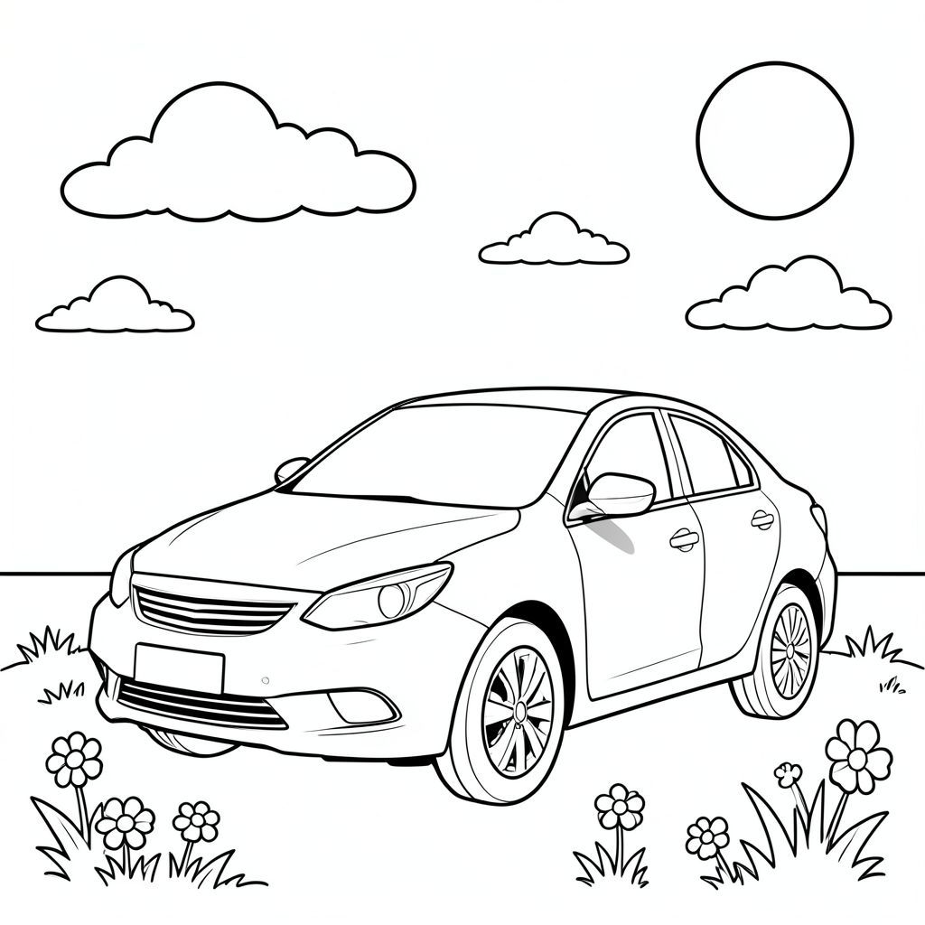 Một chiếc sedan bóng bẩy đậu dưới bầu trời đầy nắng với những đám mây trắng phồng rải rác khắp bố cục. Thân xe tròn, mượt mà của xe có một đèn pha duy nhất trên lưới tản nhiệt phía trước và đèn hậu ở phía sau. Bóng dịu nhẹ do mặt trời tạo ra sự tương phản mềm mại trên bề mặt xe. Khung cảnh bao gồm một khu vườn đơn giản với cỏ và một vài bông hoa xung quanh đế xe. Đường chân trời cân bằng hình minh họa một cách hoàn hảo, với chiếc xe được đặt hơi lệch tâm để tạo sự thú vị về thị giác. Toàn bộ hình ảnh sử dụng các đường viền rõ ràng, đậm, không đổ bóng hoặc màu sắc. Thiết kế của chiếc xe theo tỷ lệ thực tế với một hình thức thống nhất, duy nhất nắm bắt được bản chất của sự đơn giản của ô tô. Một vài đám mây nhỏ lơ lửng trên đầu xe, và mặt trời xuất hiện dưới dạng một yếu tố hình tròn ở góc trên bên phải của cảnh. Nền vẫn tối giản và gọn gàng, tập trung hoàn toàn vào hình bóng gọn gàng, hợp lý của một chiếc xe., trang màu, nghệ thuật đường nét, nền trắng