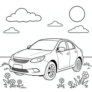 Một chiếc sedan bóng bẩy đậu dưới bầu trời đầy nắng với những đám mây trắng phồng rải rác khắp bố cục. Thân xe tròn, mượt mà của xe có một đèn pha duy nhất trên lưới tản nhiệt phía trước và đèn hậu ở phía sau. Bóng dịu nhẹ do mặt trời tạo ra sự tương phản mềm mại trên bề mặt xe. Khung cảnh bao gồm một khu vườn đơn giản với cỏ và một vài bông hoa xung quanh đế xe. Đường chân trời cân bằng hình minh họa một cách hoàn hảo, với chiếc xe được đặt hơi lệch tâm để tạo sự thú vị về thị giác. Toàn bộ hình ảnh sử dụng các đường viền rõ ràng, đậm, không đổ bóng hoặc màu sắc. Thiết kế của chiếc xe theo tỷ lệ thực tế với một hình thức thống nhất, duy nhất nắm bắt được bản chất của sự đơn giản của ô tô. Một vài đám mây nhỏ lơ lửng trên đầu xe, và mặt trời xuất hiện dưới dạng một yếu tố hình tròn ở góc trên bên phải của cảnh. Nền vẫn tối giản và gọn gàng, tập trung hoàn toàn vào hình bóng gọn gàng, hợp lý của một chiếc xe., trang màu, nghệ thuật đường nét, nền trắng