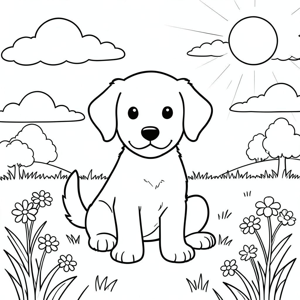 Một chú chó săn nhỏ ngồi vui vẻ trên đồng cỏ đầy nắng được bao quanh bởi những đám mây trắng mềm mại trôi nổi trên đầu. có một cái đầu tròn với đôi tai mềm, khuôn mặt hiền lành và cái đuôi vẫy vẫy. Một mặt trời chiếu xuống từ góc trên bên phải, đổ bóng dịu dàng. Bố cục được cân bằng với chú chó ở trung tâm cảnh, được bao quanh bởi cỏ nhẹ nhàng và một vài bông hoa dại. Cơ thể của chú chó con được phác thảo bằng các đường nét gọn gàng, không có bóng hoặc màu sắc, tạo nên một hình minh họa đơn giản theo phong cách truyện. Hậu cảnh có bầu trời quang đãng với những đám mây rải rác và một vài cây nhỏ ở phía xa. Hình dạng của hoàn chỉnh với một đầu, một cơ thể và một đuôi, được đặt trong tư thế hòa bình, vui vẻ. Toàn bộ khung cảnh duy trì tính thẩm mỹ sạch sẽ, thân thiện với trẻ em, không có yếu tố đáng sợ, bạo lực hoặc ., tô màu, nghệ thuật đường nét, nền trắng