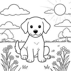 Một chú chó săn nhỏ ngồi vui vẻ trên đồng cỏ đầy nắng được bao quanh bởi những đám mây trắng mềm mại trôi nổi trên đầu. có một cái đầu tròn với đôi tai mềm, khuôn mặt hiền lành và cái đuôi vẫy vẫy. Một mặt trời chiếu xuống từ góc trên bên phải, đổ bóng dịu dàng. Bố cục được cân bằng với chú chó ở trung tâm cảnh, được bao quanh bởi cỏ nhẹ nhàng và một vài bông hoa dại. Cơ thể của chú chó con được phác thảo bằng các đường nét gọn gàng, không có bóng hoặc màu sắc, tạo nên một hình minh họa đơn giản theo phong cách truyện. Hậu cảnh có bầu trời quang đãng với những đám mây rải rác và một vài cây nhỏ ở phía xa. Hình dạng của hoàn chỉnh với một đầu, một cơ thể và một đuôi, được đặt trong tư thế hòa bình, vui vẻ. Toàn bộ khung cảnh duy trì tính thẩm mỹ sạch sẽ, thân thiện với trẻ em, không có yếu tố đáng sợ, bạo lực hoặc ., tô màu, nghệ thuật đường nét, nền trắng