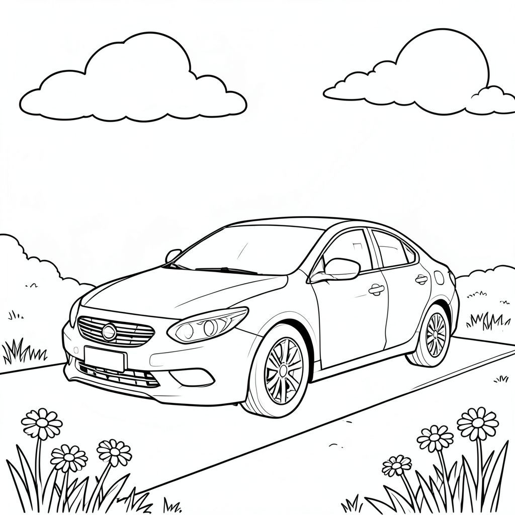 Một chiếc sedan bóng bẩy ngồi yên bình trên đường lái xe đầy nắng, những đường cong mượt mà của nó bắt kịp sự nhẹ nhàng. Đèn pha tròn của chiếc xe tạo thành một vòng tròn trên bầu trời quang đãng, trong khi những đám mây trắng mềm mại lười biếng trôi trên đầu. Một vài bông cúc rải rác rải rác trên bãi cỏ xung quanh xe, và mặt trời chiếu xuống từ góc trên bên phải, chiếu nhẹ nhàng qua bên hông xe. Bố cục cân bằng chiều dài của xe so với bầu trời mở, với mặt trời được định vị để làm nổi bật các đường nét khí động học sạch sẽ của xe. Khung cảnh đơn giản và vui vẻ, không có bóng hay yếu tố khắc nghiệt, chỉ có vẻ đẹp yên tĩnh của một chiếc ô tô được thiết kế tốt trong khung cảnh yên bình., tô màu, nghệ thuật đường nét, nền trắng