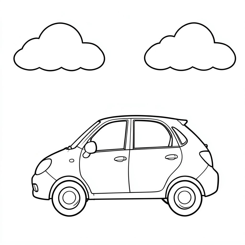 Một chiếc xe duy nhất nằm trong một ngày nắng với những đám mây trắng trôi nổi trên đầu. Xe có một đầu và một thân với một đuôi. Các đường nét đơn giản rõ ràng xác định hình dạng xe. Bố cục cân bằng chiếc xe với bầu trời và mây. Không, không màu, không bóng. Chỉ là chiếc xe đơn độc trong môi trường đơn giản của nó., trang màu, nghệ thuật đường nét, nền trắng