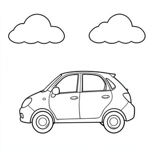 Một chiếc xe duy nhất nằm trong một ngày nắng với những đám mây trắng trôi nổi trên đầu. Xe có một đầu và một thân với một đuôi. Các đường nét đơn giản rõ ràng xác định hình dạng xe. Bố cục cân bằng chiếc xe với bầu trời và mây. Không, không màu, không bóng. Chỉ là chiếc xe đơn độc trong môi trường đơn giản của nó., trang màu, nghệ thuật đường nét, nền trắng