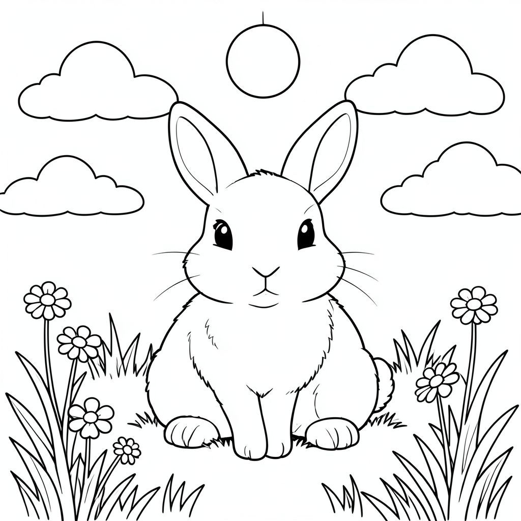 Một chú thỏ hiền lành ngồi yên bình trên đồng cỏ đầy nắng được bao quanh bởi những đám mây mềm mại trôi nổi trên đầu. Con thỏ có một cái đầu hoàn hảo với đôi tai to mềm, mũi nhỏ và miệng nhỏ. Cơ thể của nó tròn và mịn với kết cấu lông mềm. Đuôi thỏ nhỏ và tròn, tròn hoàn hảo như một quả bóng nhỏ. Cảnh cho thấy con thỏ ngồi trên một bãi cỏ với một vài bông hoa dại gần đó. Mặt trời chiếu rực rỡ phía trên, đổ bóng dịu dàng. Bố cục được cân bằng với con thỏ ở giữa khung hình, những đám mây nằm đối xứng trên bầu trời, và cỏ tạo thành một đường viền tự nhiên xung quanh đối tượng. Các đường nét rõ ràng xác định mọi đặc điểm mà không có bóng mờ hoặc màu sắc. Hình dạng của con thỏ rất đơn giản và dễ nhận biết, không có thêm bộ phận hoặc phức tạp. Toàn bộ khung cảnh truyền tải sự bình tĩnh và thanh thản không có yếu tố tiêu cực., tô màu, nghệ thuật đường nét, nền trắng