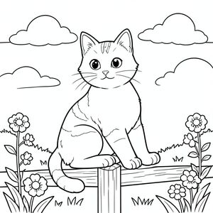 Một khung cảnh khu vườn thanh bình với một chú mèo mướp duy nhất ngồi duyên dáng trên một cột hàng rào bằng gỗ. Đầu của con mèo hơi quay về phía người xem với các đường nét mềm mại, tròn trịa và đôi mắt to biểu cảm. Cơ thể mèo được đặt trong tư thế thoải mái, cân bằng với một bàn chân trước mở rộng về phía trước và bàn chân kia nhét bên dưới. Phần đuôi uốn cong thanh lịch quanh cơ thể mèo, tạo vòng cung nhẹ nhàng. Phía trên, những đám mây trắng mềm mại trôi trên bầu trời quang đãng. Nền vườn cho thấy cỏ đơn giản và một vài bông hoa nở rộ. Bố cục được cân bằng hoàn hảo với chú mèo ở giữa khung hình, được bao quanh bởi các yếu tố nhẹ nhàng, yên bình. Các đường nét đơn giản, gọn gàng xác định hình dạng của mèo mà không có bất kỳ bóng mờ hay màu sắc nào. Khung cảnh tỏa ra sự yên tĩnh và tĩnh lặng, không có yếu tố phiền não hay cảm xúc tiêu cực. Các đặc điểm nội thất màu trắng của mèo có thể nhìn thấy rõ ràng trên nền mềm., trang màu, nghệ thuật đường nét, nền trắng