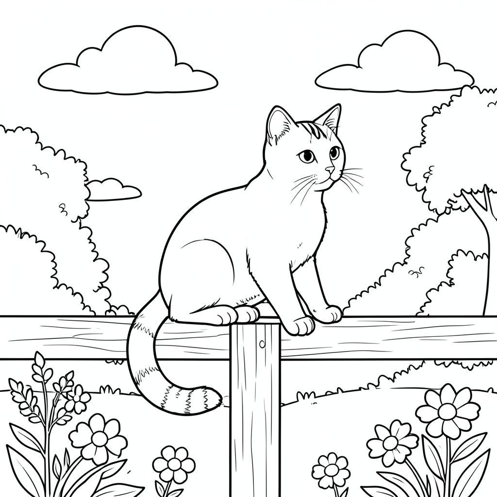 Một khung cảnh khu vườn thanh bình với một chú mèo mướp duy nhất ngồi duyên dáng trên một cột hàng rào bằng gỗ. Đầu mèo hơi quay sang phải, tai hướng về phía trước, đôi mắt dịu dàng và tò mò. Cơ thể mèo được đặt trong tư thế thoải mái, tự nhiên với một bàn chân trước mở rộng. Đuôi cuộn tròn nhẹ nhàng quanh trụ hàng rào phía sau cơ thể mèo. 

Hậu cảnh cho thấy bầu trời quang đãng với một vài đám mây trắng lười biếng lơ lửng trên đầu. Một vài bông hoa rải rác nở rải rác trong khu vườn bên dưới, và ánh sáng mặt trời dịu nhẹ xuyên qua lá cây gần đó. Bố cục được cân bằng với con mèo ở giữa khung hình, trụ hàng rào tạo ra một trục thẳng đứng tự nhiên, và bầu trời và khu vườn tạo thành một sự cân bằng ngang hài hòa. Hình dáng của con mèo được phác thảo bằng những đường nét gọn gàng, đơn giản, không có bóng râm hay màu sắc, chỉ có hình bóng thuần khiết của một con mèo duy nhất trong khung cảnh yên bình., tô màu, nghệ thuật đường nét, nền trắng