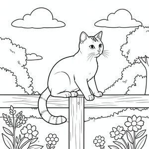 Một khung cảnh khu vườn thanh bình với một chú mèo mướp duy nhất ngồi duyên dáng trên một cột hàng rào bằng gỗ. Đầu mèo hơi quay sang phải, tai hướng về phía trước, đôi mắt dịu dàng và tò mò. Cơ thể mèo được đặt trong tư thế thoải mái, tự nhiên với một bàn chân trước mở rộng. Đuôi cuộn tròn nhẹ nhàng quanh trụ hàng rào phía sau cơ thể mèo. 

Hậu cảnh cho thấy bầu trời quang đãng với một vài đám mây trắng lười biếng lơ lửng trên đầu. Một vài bông hoa rải rác nở rải rác trong khu vườn bên dưới, và ánh sáng mặt trời dịu nhẹ xuyên qua lá cây gần đó. Bố cục được cân bằng với con mèo ở giữa khung hình, trụ hàng rào tạo ra một trục thẳng đứng tự nhiên, và bầu trời và khu vườn tạo thành một sự cân bằng ngang hài hòa. Hình dáng của con mèo được phác thảo bằng những đường nét gọn gàng, đơn giản, không có bóng râm hay màu sắc, chỉ có hình bóng thuần khiết của một con mèo duy nhất trong khung cảnh yên bình., tô màu, nghệ thuật đường nét, nền trắng