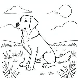 Một săn mồi ngồi bình tĩnh trên đồng cỏ đầy nắng. Đầu của được đặt hơi sang trái, với đuôi kéo dài tự nhiên sang phải. Ánh sáng mặt trời dịu nhẹ xuyên qua bầu trời, đổ bóng dịu dàng bên dưới cơ thể con vật. Một vài đám mây trắng lơ lửng phía trên. Bố cục cân bằng hình dạng của so với không gian mở, với mặt trời được đặt ở góc trên bên phải. Cảnh duy trì các đường nét đơn giản, sạch sẽ, không có hoặc bổ sung chi tiết. Đặc điểm của chú chó được xác định rõ ràng, không có bóng râm, thể hiện biểu cảm hòa bình, thân thiện. Nền vẫn tối giản chỉ với các yếu tố thiết yếu cần thiết để đóng khung đối tượng duy nhất., trang màu, nghệ thuật đường nét, nền trắng