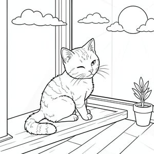 Một con mèo mướp nhỏ ngồi đậu trên bệ cửa sổ, một bàn chân nhẹ nhàng đặt trên khung gỗ. Đầu mèo hơi quay về phía người xem, tai dẹt nhẹ, mắt nửa nhắm lại trong mãn nguyện. Một mặt trời chiếu sáng từ góc trên bên phải của cảnh, đổ bóng dịu dàng khắp phòng. Những đám mây trắng lười biếng trôi dạt trên bầu trời phía trên, và buổi sáng dịu dàng lọc qua cửa sổ lên bộ lông của con mèo. Căn phòng có sàn gỗ đơn giản và một bức tường trơn với một cây nhỏ trong chậu. Bố cục cân bằng hình dáng tròn trịa của chú mèo với các đường nét kiến trúc sạch sẽ của khung cửa sổ và không gian xung quanh. Đuôi mèo uốn cong duyên dáng quanh cơ thể, toàn bộ khung cảnh duy trì bầu không khí yên bình, ấm cúng, không có đường nét hay yếu tố khắc nghiệt., tô màu, nghệ thuật đường nét, nền trắng