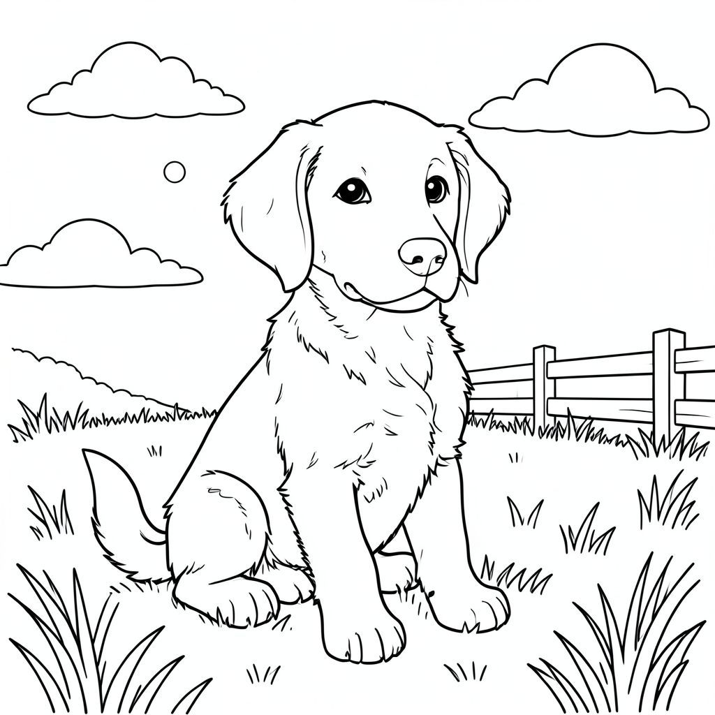 Một chú chó săn mồi ngồi bình tĩnh trên đồng cỏ đầy nắng vào cuối buổi chiều. Đầu của hơi quay về phía người xem, tai nhẹ nhàng vỗ xuống, đôi mắt mềm mại và thân thiện. Đuôi của nó chậm rãi vẫy vẫy trong sự mãn nguyện. Cảnh có mặt trời đổ bóng dịu dàng, một vài đám mây trắng lơ lửng trên đầu và cỏ bao quanh chú chó. Một hàng rào gỗ nhỏ xuất hiện ở hậu cảnh bên phải, tạo ra một bố cục cân bằng. Bộ lông của chó con được chi tiết với các đường nét đơn giản, gọn gàng thể hiện kết cấu của bộ lông. Toàn bộ hình minh họa duy trì các đường nét sạch sẽ, không bị đứt gãy, không có bóng mờ hay màu sắc, tập trung hoàn toàn vào sự hiện diện độc đáo, yên bình của chú chó trong môi trường tự nhiên của nó., trang màu, nghệ thuật đường nét, nền trắng