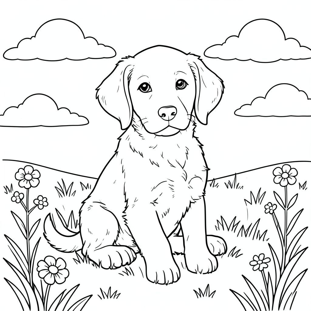 Một chú chó con tha mồi ngồi bình tĩnh trên đồng cỏ đầy nắng vào cuối buổi chiều. Đầu của hơi quay về phía người xem, tai khẽ vỗ lên, đôi mắt dịu dàng và tò mò. Đuôi của nó vẫy chậm trong sự mãn nguyện. Cảnh có mặt trời đổ bóng mềm mại, những đám mây trắng mịn nằm rải rác trên bầu trời quang đãng và cỏ nhẹ nhàng bao quanh chú chó. Một vài bông hoa dại rải rác trong phong cảnh. Bố cục cân bằng tư thế quay mặt về phía trước của chú chó với bầu trời rộng mở bên trên và mặt đất mềm mại bên dưới. Bộ lông của chú chó con được thể hiện bằng những đường nét đơn giản, gọn gàng thể hiện kết cấu tự nhiên của bộ lông. Nền vẫn đơn giản không có hoặc bổ sung yếu tố. Toàn bộ khung cảnh duy trì bầu không khí yên bình, vui vẻ, không có yếu tố đáng sợ hay đáng lo ngại. Hình dạng của được xác định rõ ràng với tỷ lệ giải phẫu thích hợp - một đầu, một cơ thể, một đuôi. Hình minh họa tập trung hoàn toàn vào sự hiện diện thanh thản của chú chó duy nhất trong khung cảnh bình dị này., trang màu, nghệ thuật đường nét, nền trắng