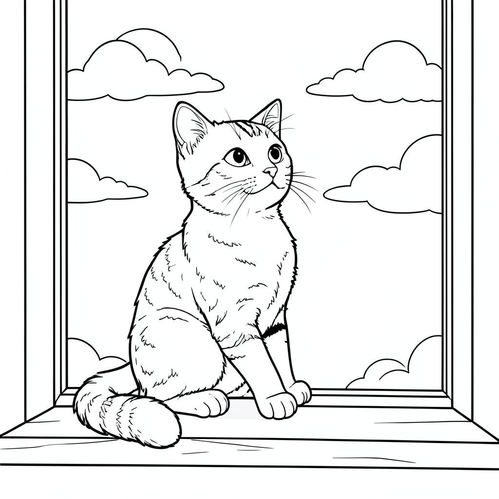 Một chú mèo mướp duy nhất ngồi duyên dáng trên bệ cửa sổ bằng gỗ, đôi mắt nhìn ra ngoài một cách bình yên. Cơ thể mèo được đặt trong tư thế tự nhiên, thoải mái với một bàn chân trước hơi duỗi về phía trước. Ánh nắng dịu nhẹ chiếu qua cửa sổ, đổ bóng nhẹ nhàng trên bộ lông mèo. Một vài đám mây trắng lười biếng trôi trên bầu trời phía trên. Đuôi mèo uốn cong thanh lịch phía sau, tựa nhẹ trên bệ cửa sổ. Bố cục cân bằng hình dáng của mèo với khung cửa sổ đơn giản và nền trời, tạo nên khung cảnh thanh bình, yên bình. Đặc điểm của mèo được xác định rõ ràng với những đường nét gọn gàng, đơn giản, thể hiện đôi tai tròn, mũi nhỏ và biểu cảm nhẹ nhàng. Tổng thể khung cảnh gợi lên sự tĩnh lặng và tĩnh lặng, hoàn hảo cho giây phút nghỉ ngơi yên tĩnh, tô màu, nghệ thuật đường nét, nền trắng