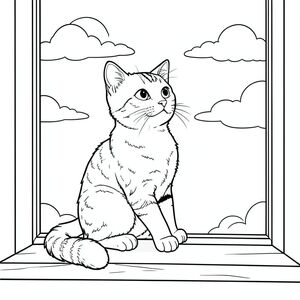Một chú mèo mướp duy nhất ngồi duyên dáng trên bệ cửa sổ bằng gỗ, đôi mắt nhìn ra ngoài một cách bình yên. Cơ thể mèo được đặt trong tư thế tự nhiên, thoải mái với một bàn chân trước hơi duỗi về phía trước. Ánh nắng dịu nhẹ chiếu qua cửa sổ, đổ bóng nhẹ nhàng trên bộ lông mèo. Một vài đám mây trắng lười biếng trôi trên bầu trời phía trên. Đuôi mèo uốn cong thanh lịch phía sau, tựa nhẹ trên bệ cửa sổ. Bố cục cân bằng hình dáng của mèo với khung cửa sổ đơn giản và nền trời, tạo nên khung cảnh thanh bình, yên bình. Đặc điểm của mèo được xác định rõ ràng với những đường nét gọn gàng, đơn giản, thể hiện đôi tai tròn, mũi nhỏ và biểu cảm nhẹ nhàng. Tổng thể khung cảnh gợi lên sự tĩnh lặng và tĩnh lặng, hoàn hảo cho giây phút nghỉ ngơi yên tĩnh, tô màu, nghệ thuật đường nét, nền trắng
