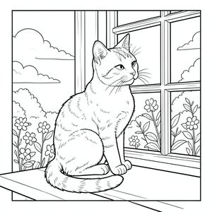 Một con mèo mướp duy nhất ngồi duyên dáng trên bệ cửa sổ, bộ lông mềm mại của nó bắt kịp buổi sáng. Đầu của con mèo hơi quay về phía cửa sổ, tai nghiêng về phía trước khi nó quan sát thứ gì đó bên ngoài. Đuôi của nó uốn cong thanh lịch quanh bàn chân, tạo ra một vòng cung nhẹ nhàng. Khung cảnh có một ngày nắng với những đám mây trắng mềm mại trôi trên bầu trời quang đãng. Một khung cửa sổ bằng gỗ đơn giản với những tấm kính nhỏ bao quanh con mèo. Bố cục được cân bằng với con mèo được đặt hơi lệch tâm, tạo ra sự thú vị về thị giác trong khi vẫn duy trì tính thẩm mỹ đơn giản, sạch sẽ. Đôi mắt của con mèo nửa nhắm lại trong sự mãn nguyện, và bộ râu của nó rất tinh tế. Hậu cảnh cho thấy một khu vườn yên bình với một vài bông hoa và lá rải rác có thể nhìn thấy qua cửa sổ. Toàn bộ khung cảnh được hiển thị bằng nghệ thuật đường nét sạch sẽ, không có bóng mờ hay màu sắc, chỉ tập trung vào hình dạng thực tế, kỳ dị của con mèo., trang màu, nghệ thuật đường nét, nền trắng